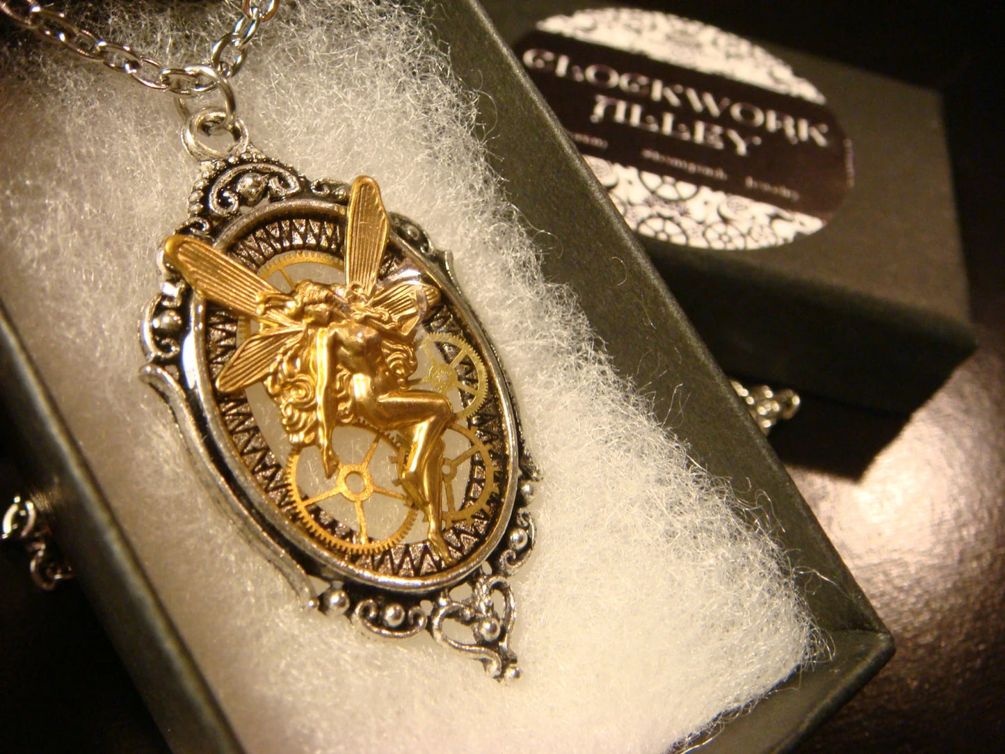 Fairy with Gears in See-thru Steampunk Pendant Necklace