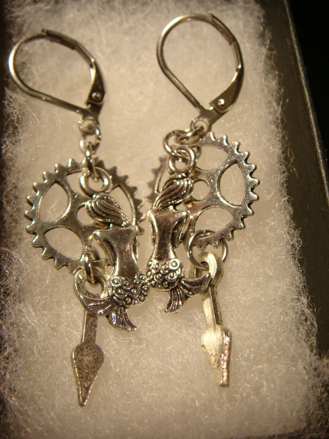 Mermaid and Gear Dangle Earrings in Antique Silver