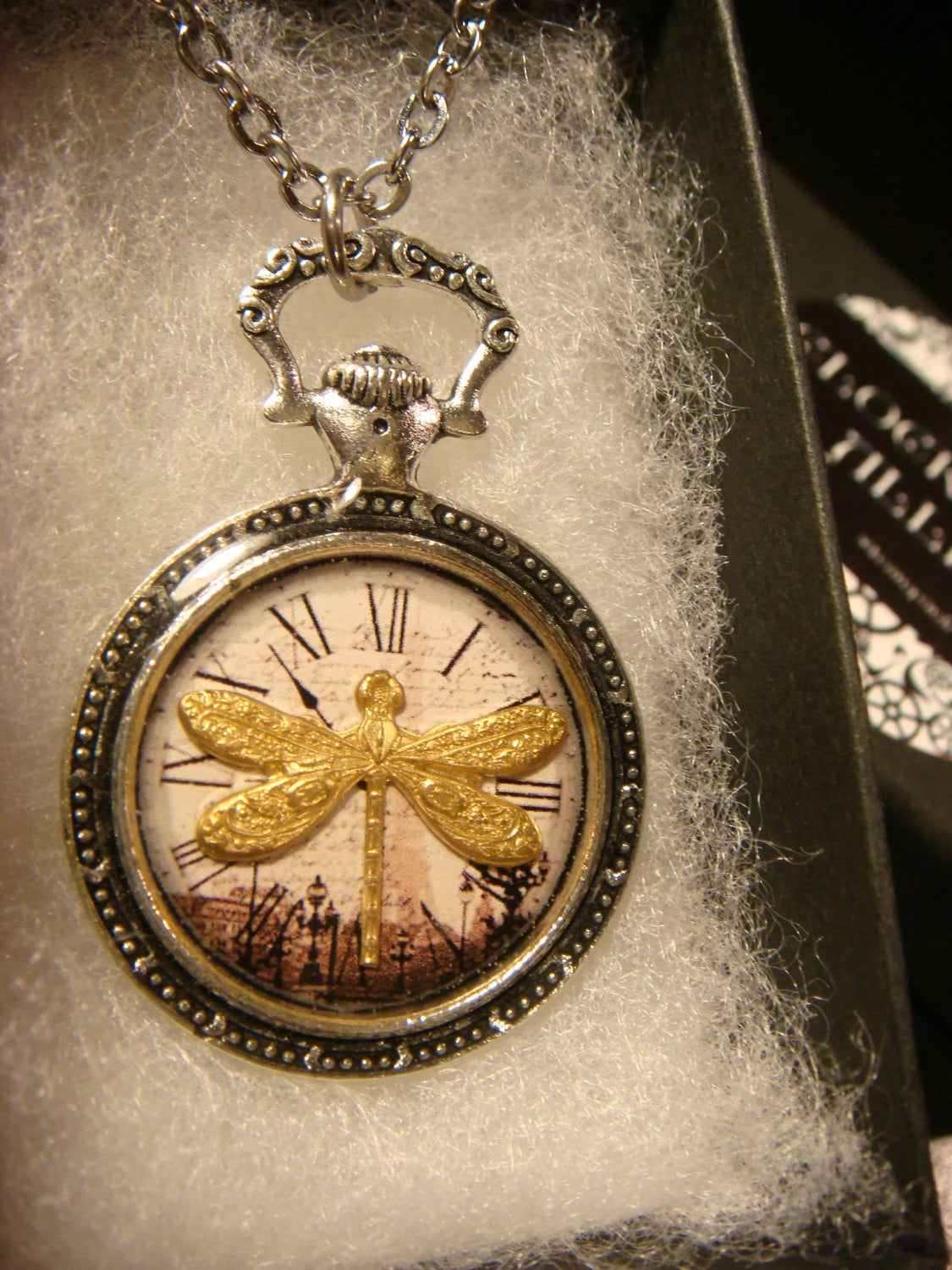 Dragonfly over Victorian Clock Pocket Watch Pendant Necklace
