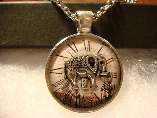 Elephant over Clock Small Pendant Necklace in Antique Silver