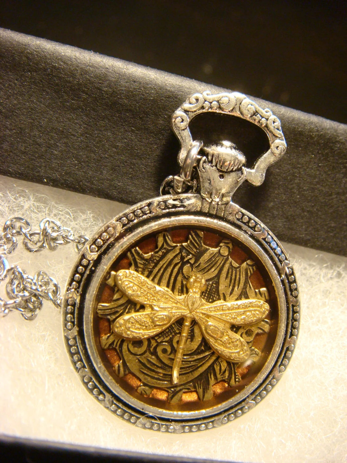 Dragonfly over Etched Gear Pocket Watch Pendant Necklace