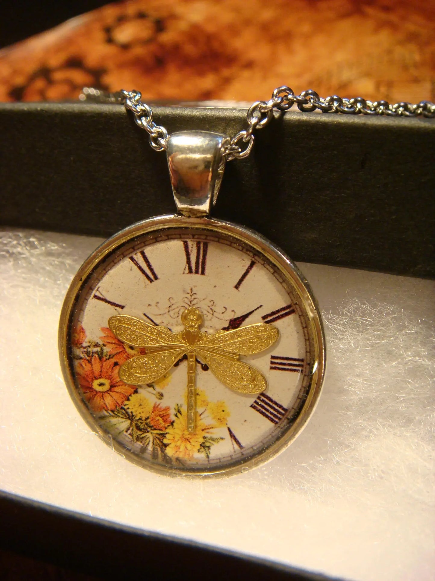 Dragonfly over Floral Clock Pendant Necklace