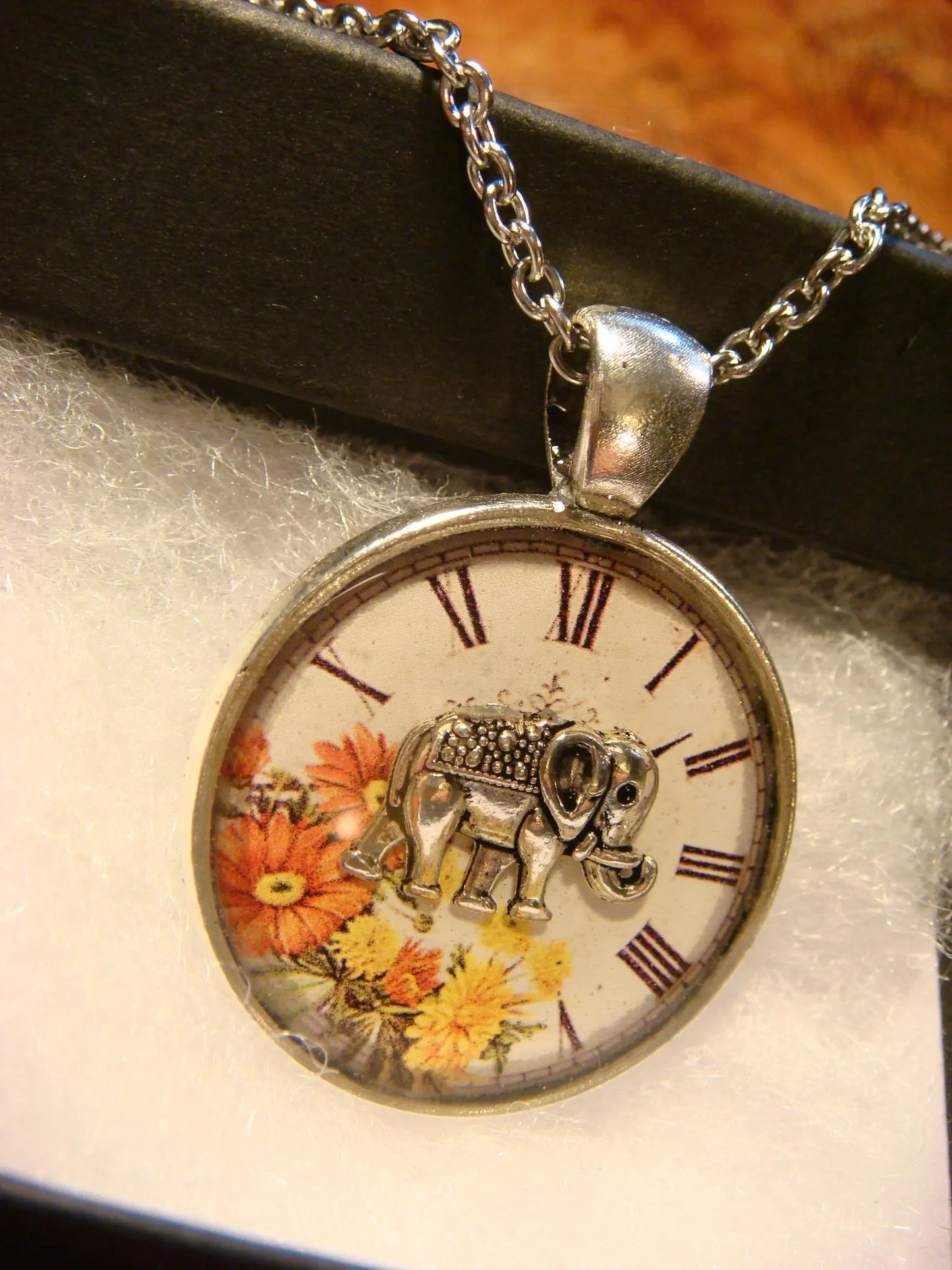 Elephant over Floral Clock Pendant Necklace