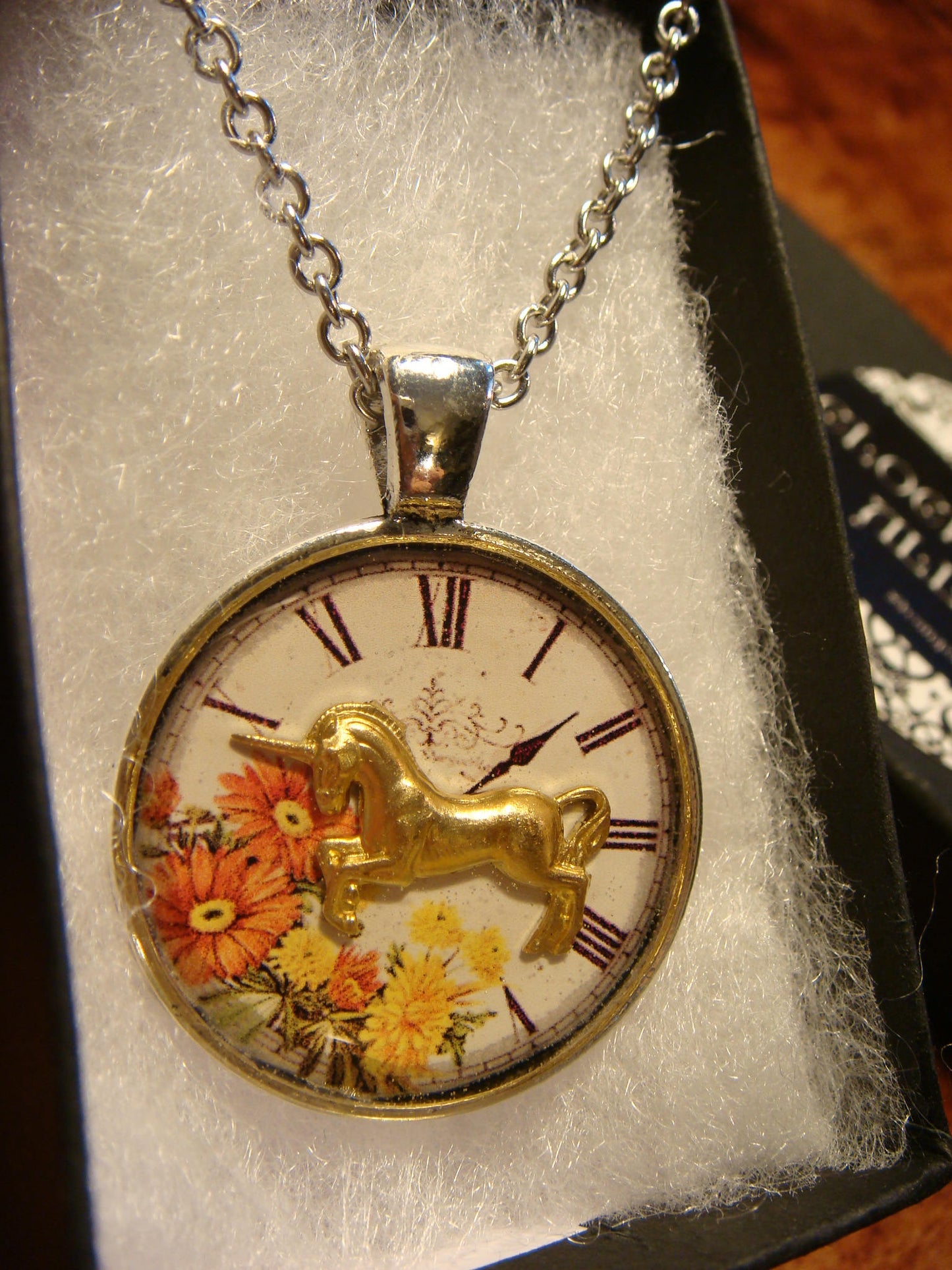 Unicorn over Floral Clock Pendant Necklace