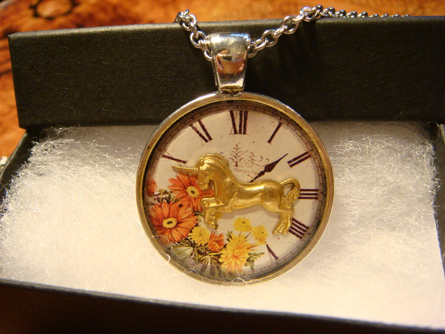 Unicorn over Floral Clock Pendant Necklace