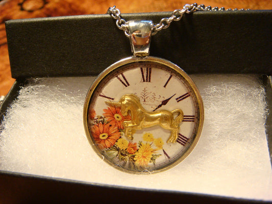 Unicorn over Floral Clock Pendant Necklace
