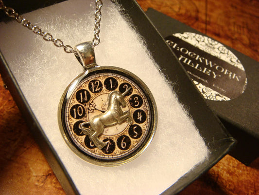 Unicorn over Clock Pendant Necklace