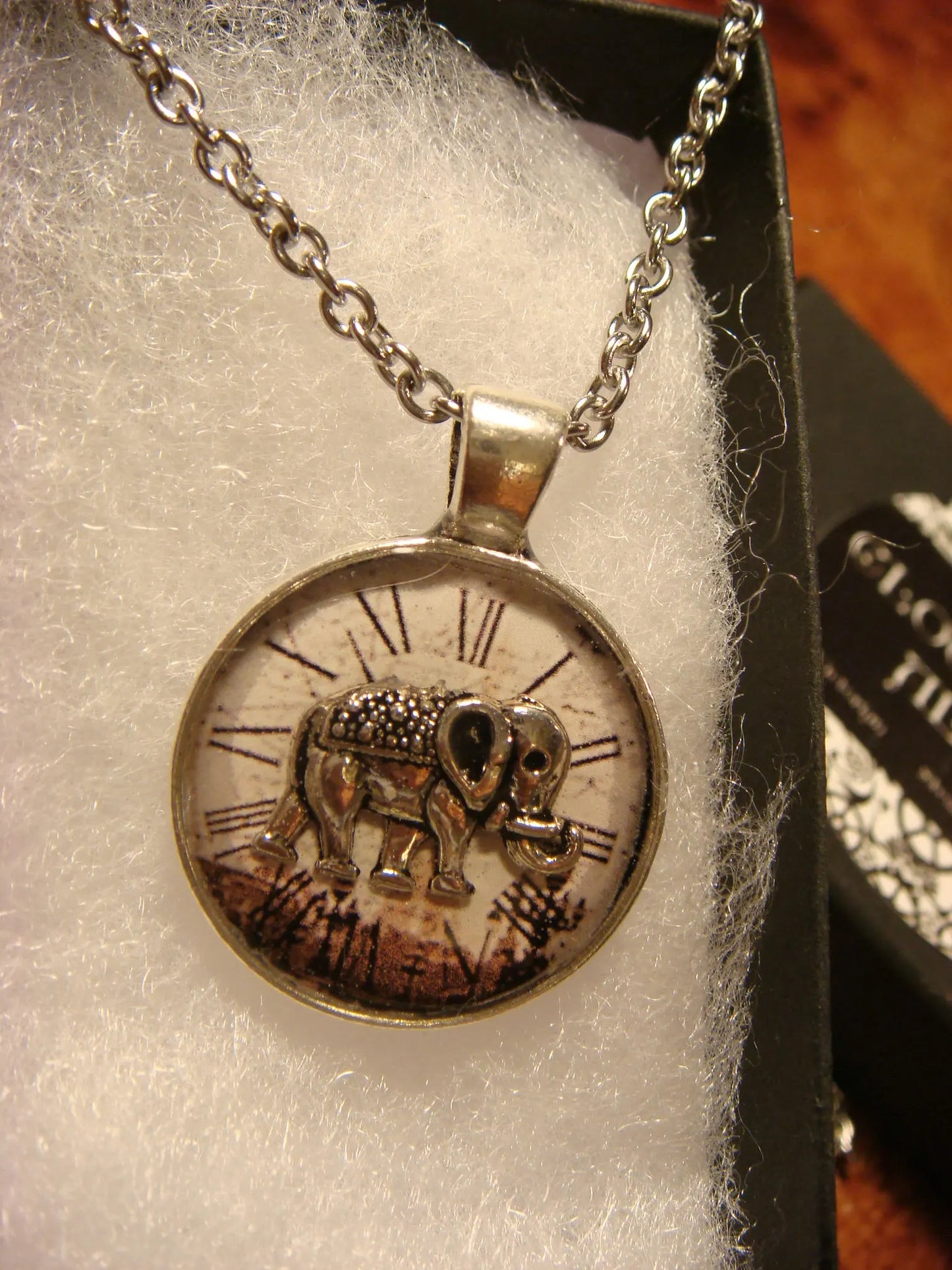 Elephant over Clock Small Pendant Necklace in Antique Silver