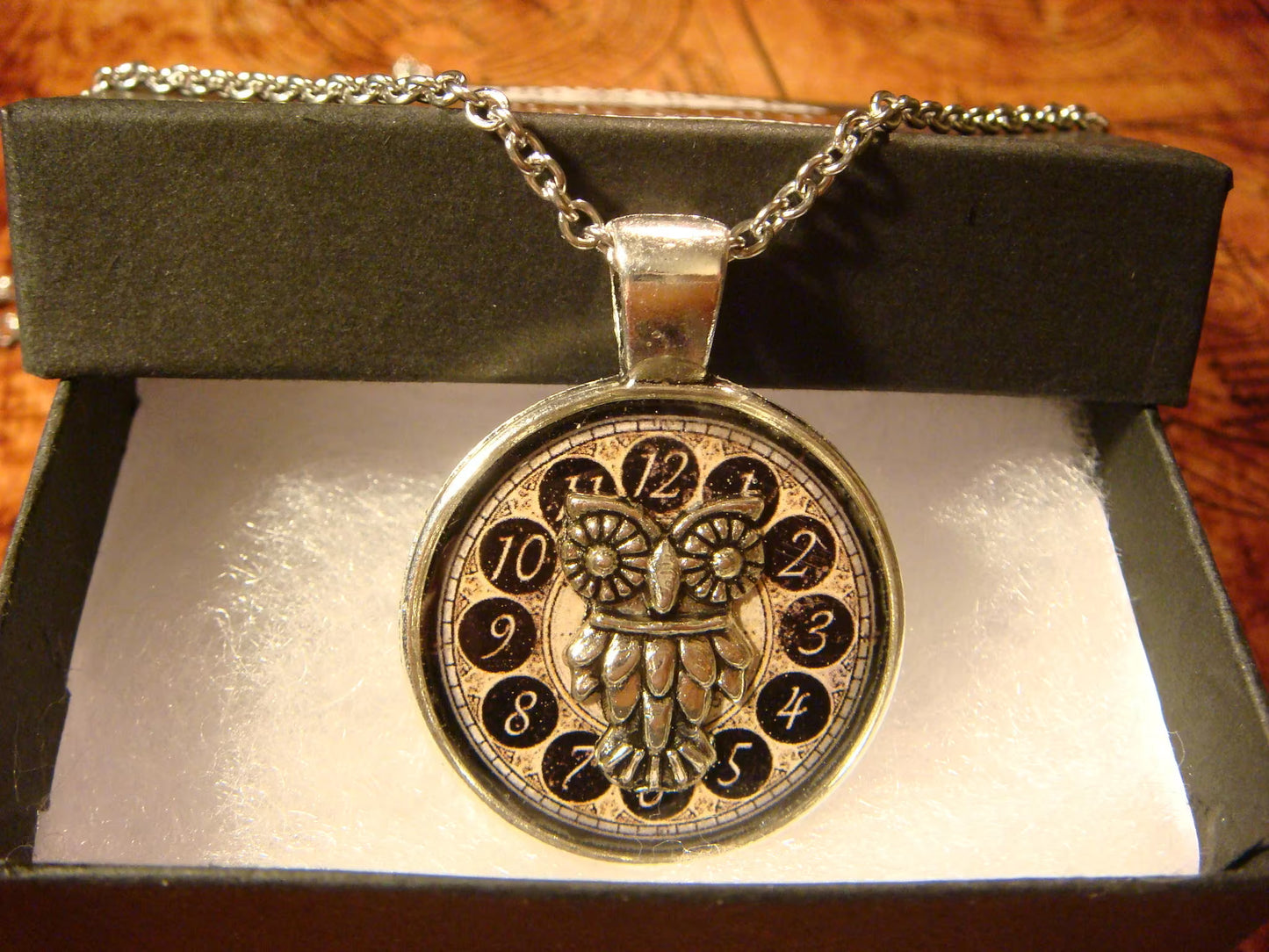 Owl over Clock Pendant Necklace
