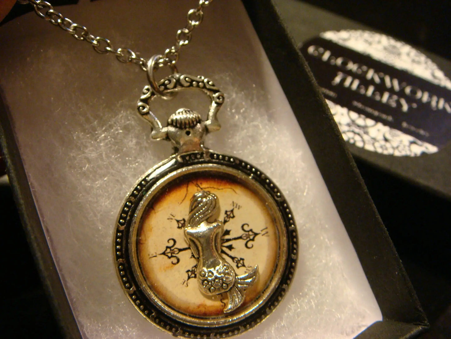 Mermaid over Compass Pocket Watch Pendant Necklace