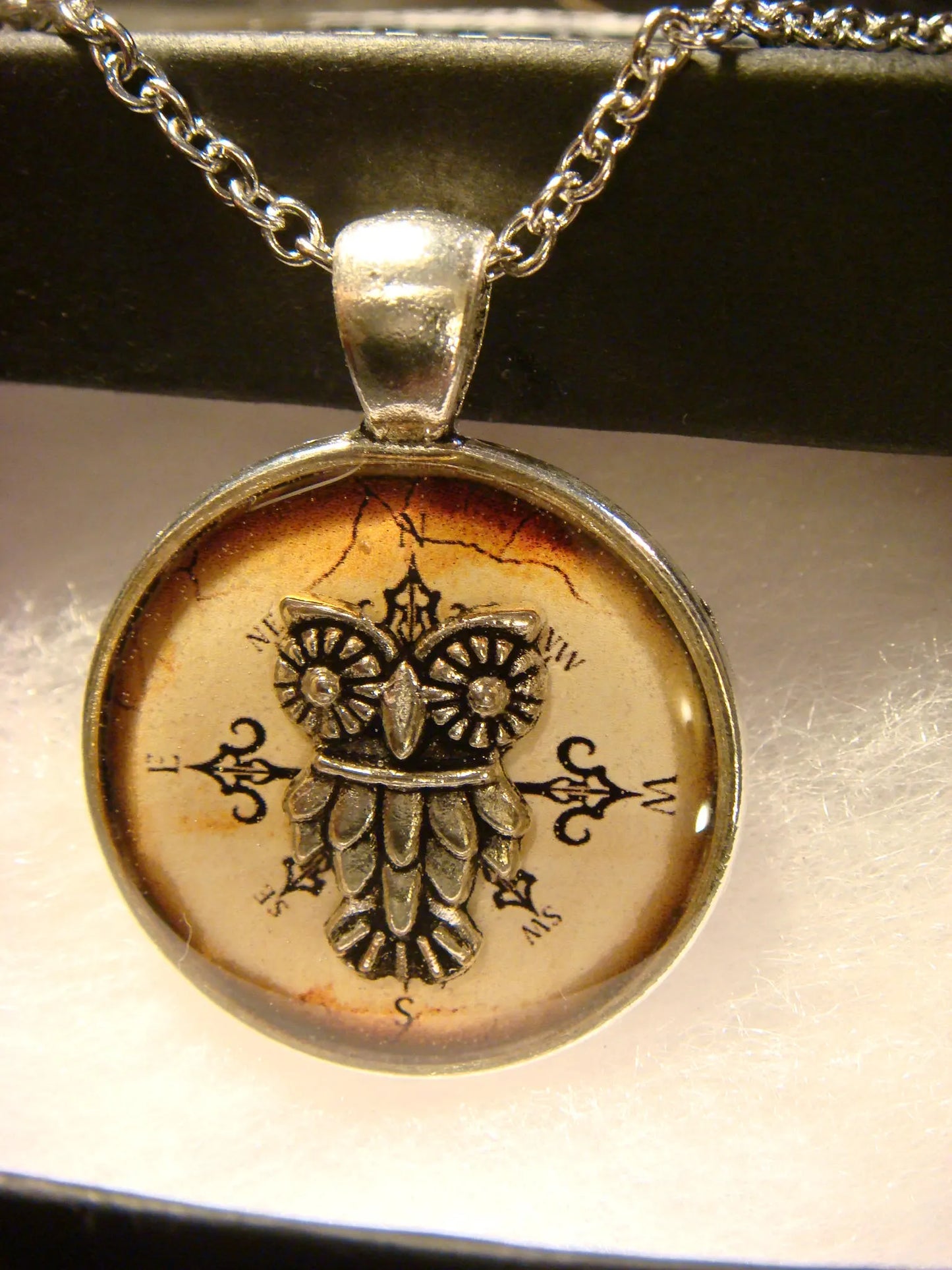 Owl over Compass Rose Pendant Necklace
