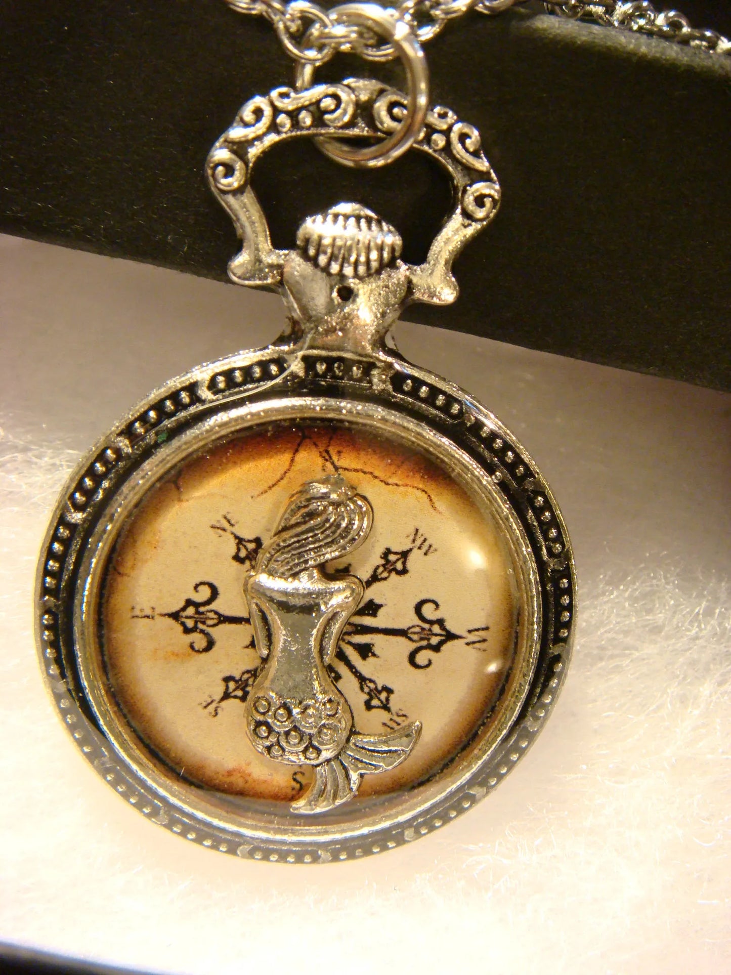 Mermaid over Compass Pocket Watch Pendant Necklace