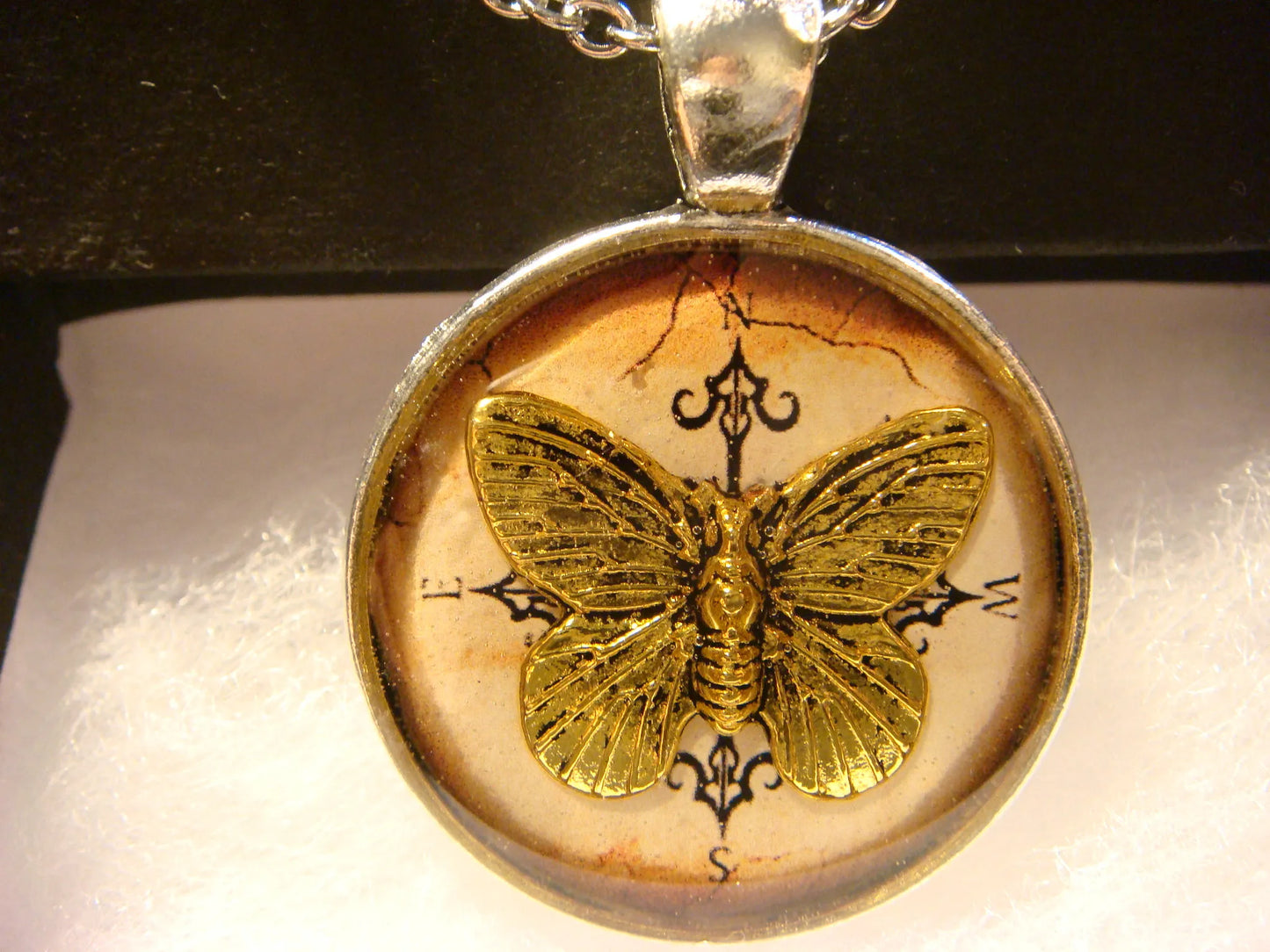 Butterfly over Compass Pendant Necklace