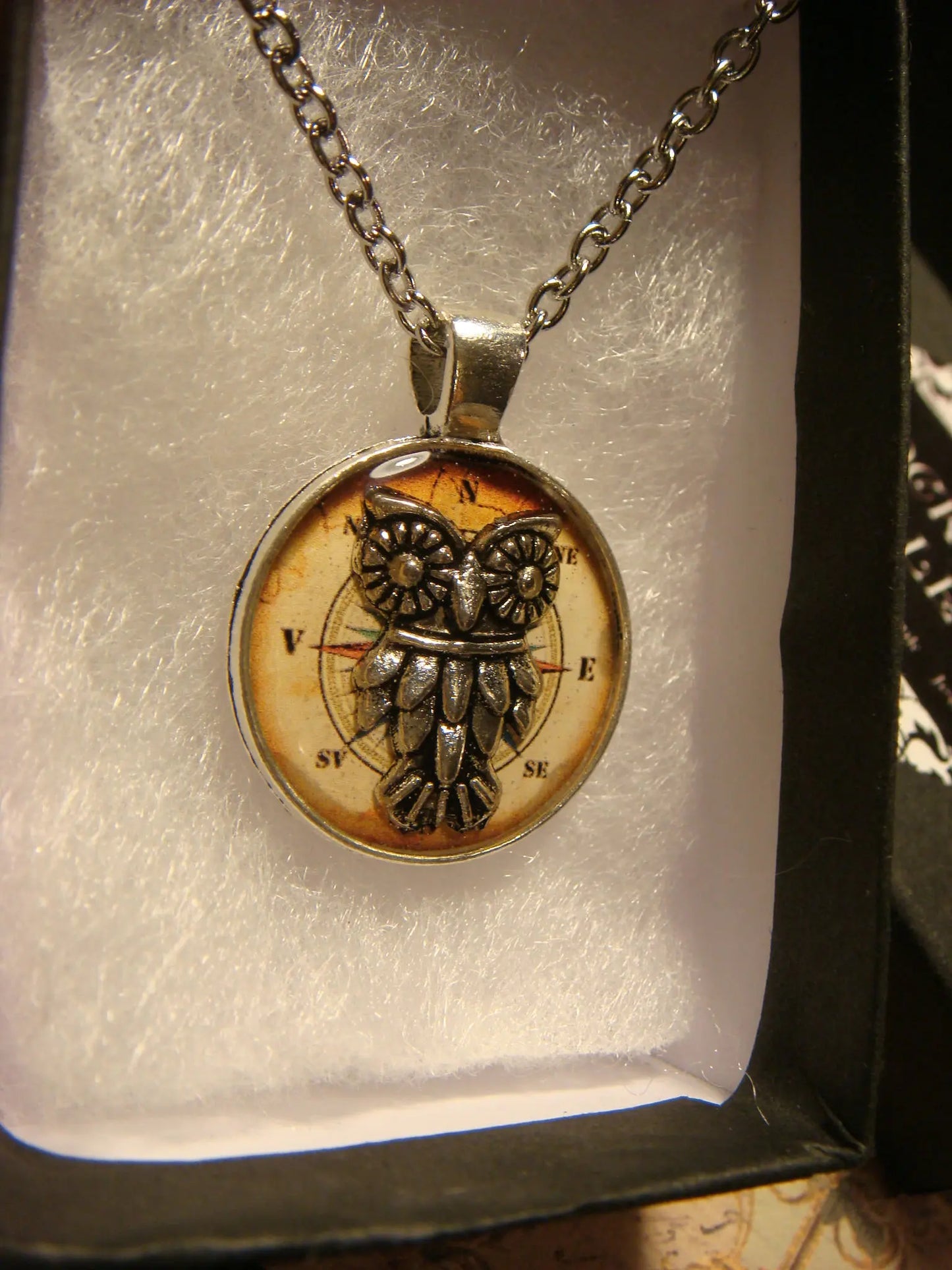 Owl over Compass Small Pendant Necklace in Antique Silver