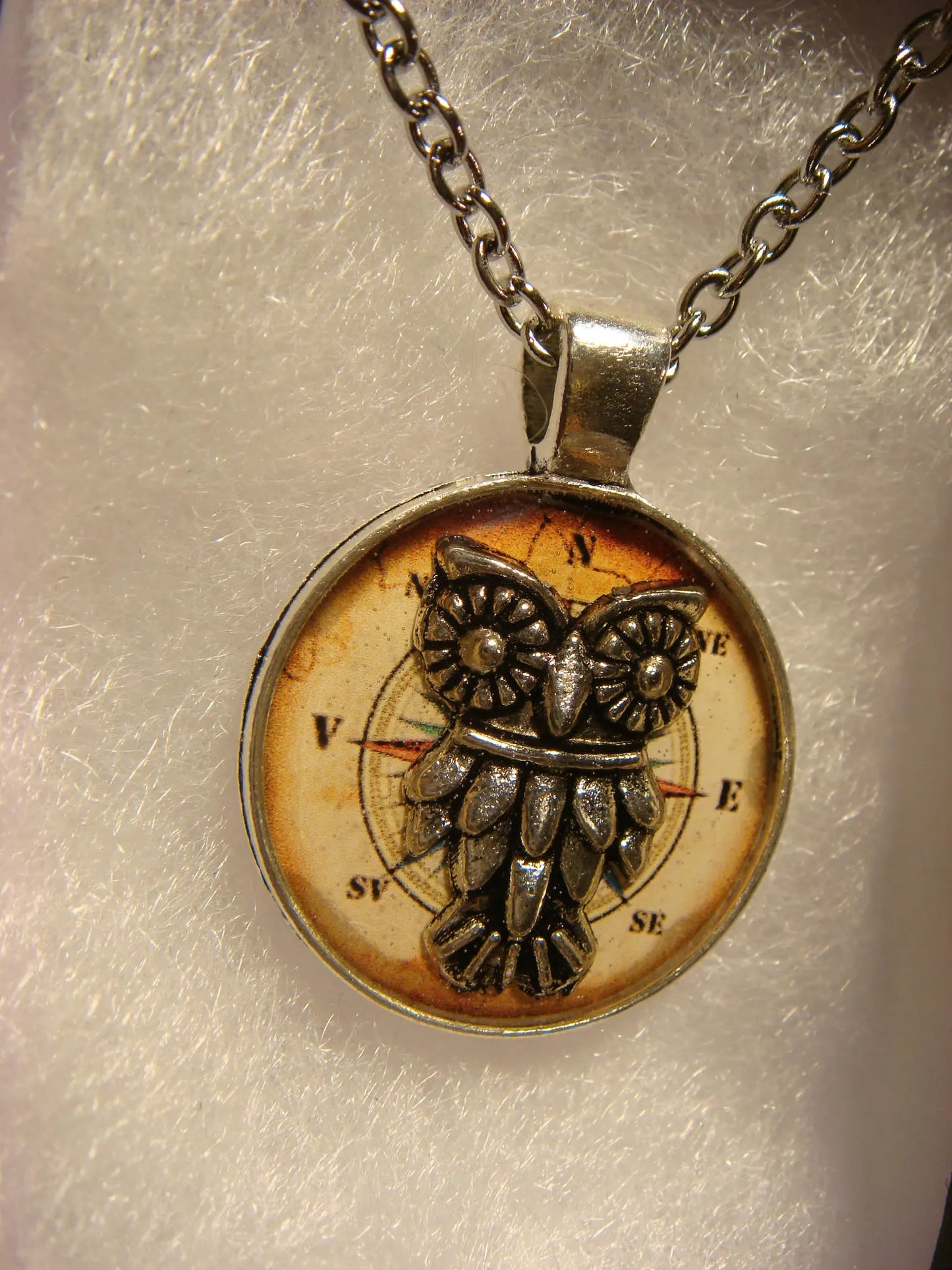 Owl over Compass Small Pendant Necklace in Antique Silver