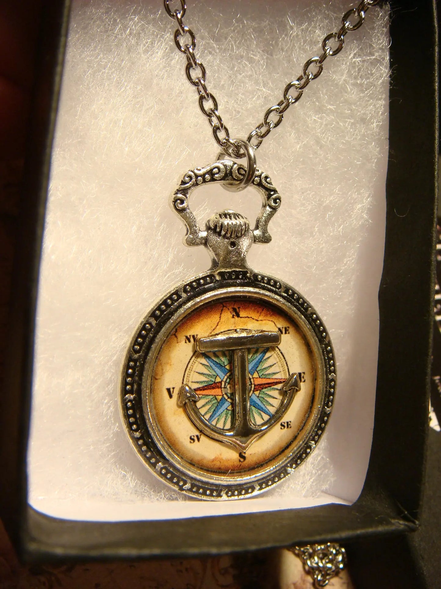 Anchor over Compass Rose Pocket Watch Pendant Necklace