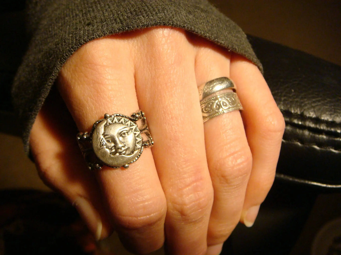 Sun and Moon Filigree Ring in Antique Silver - Adjustable