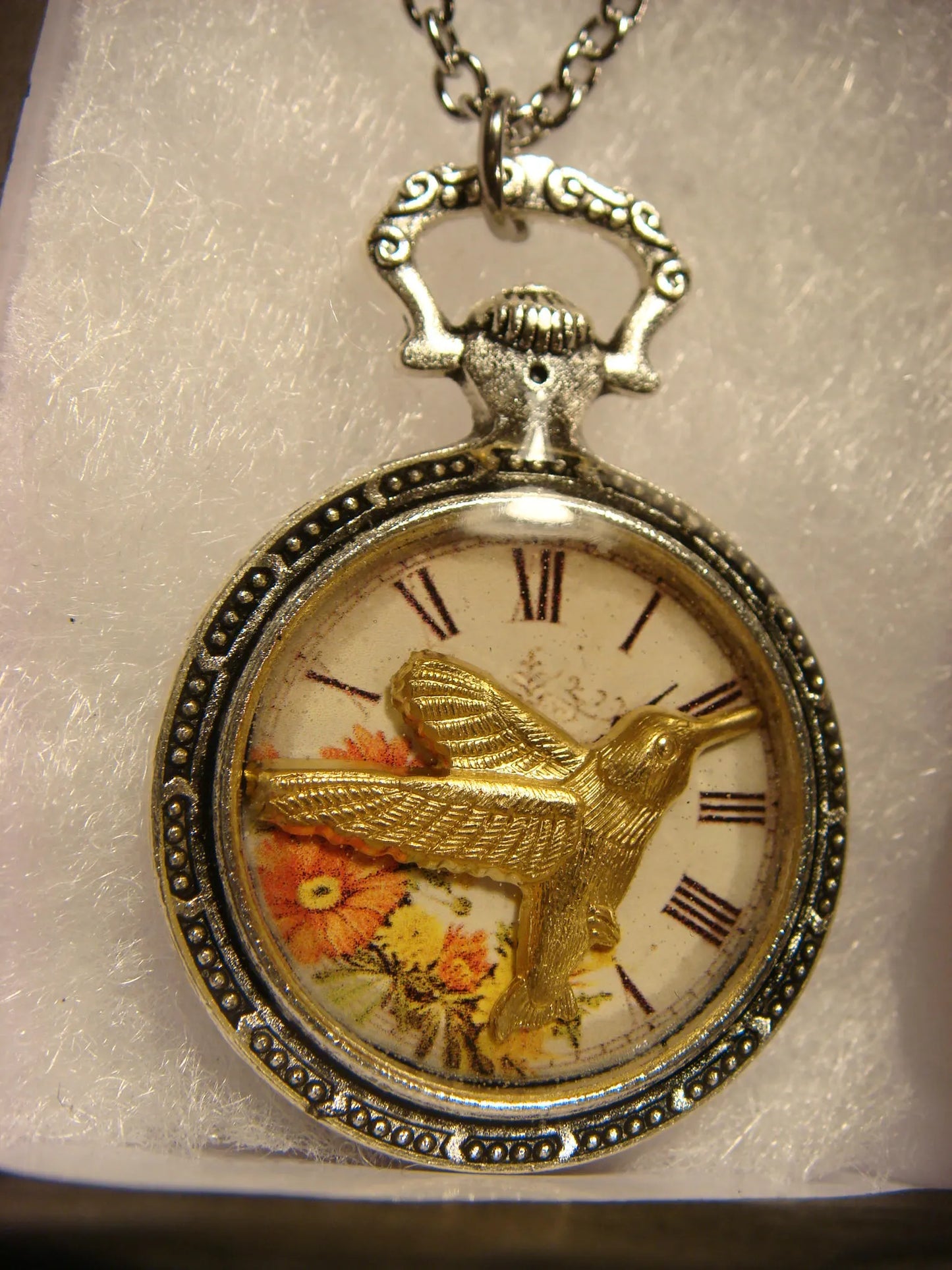Hummingbird over Floral Clock Pocket Watch Style Pendant Necklace