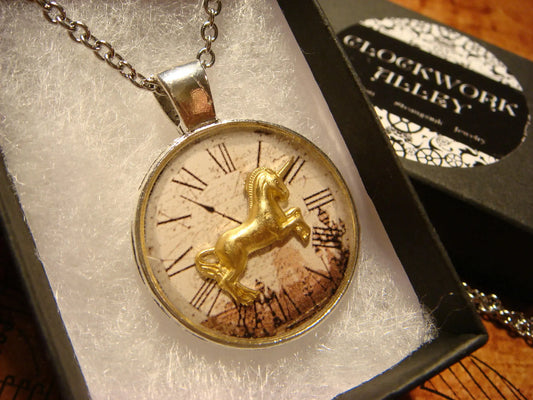 Unicorn over Victorian Clock Pendant Necklace