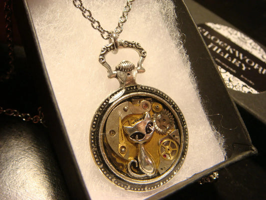 Clockwork Cat with Watch Parts Pocket Watch Pendant Necklace