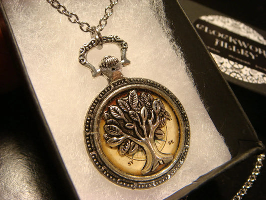 Tree of Life over Compass Pocket Watch Pendant Necklace