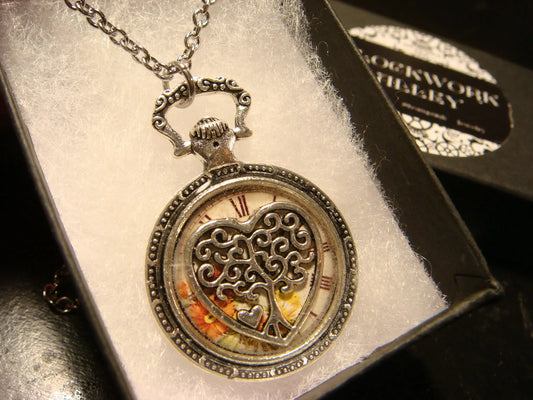 Tree of Life Heart Over Floral Clock Pocket Watch Pendant Necklace in Antique Silver