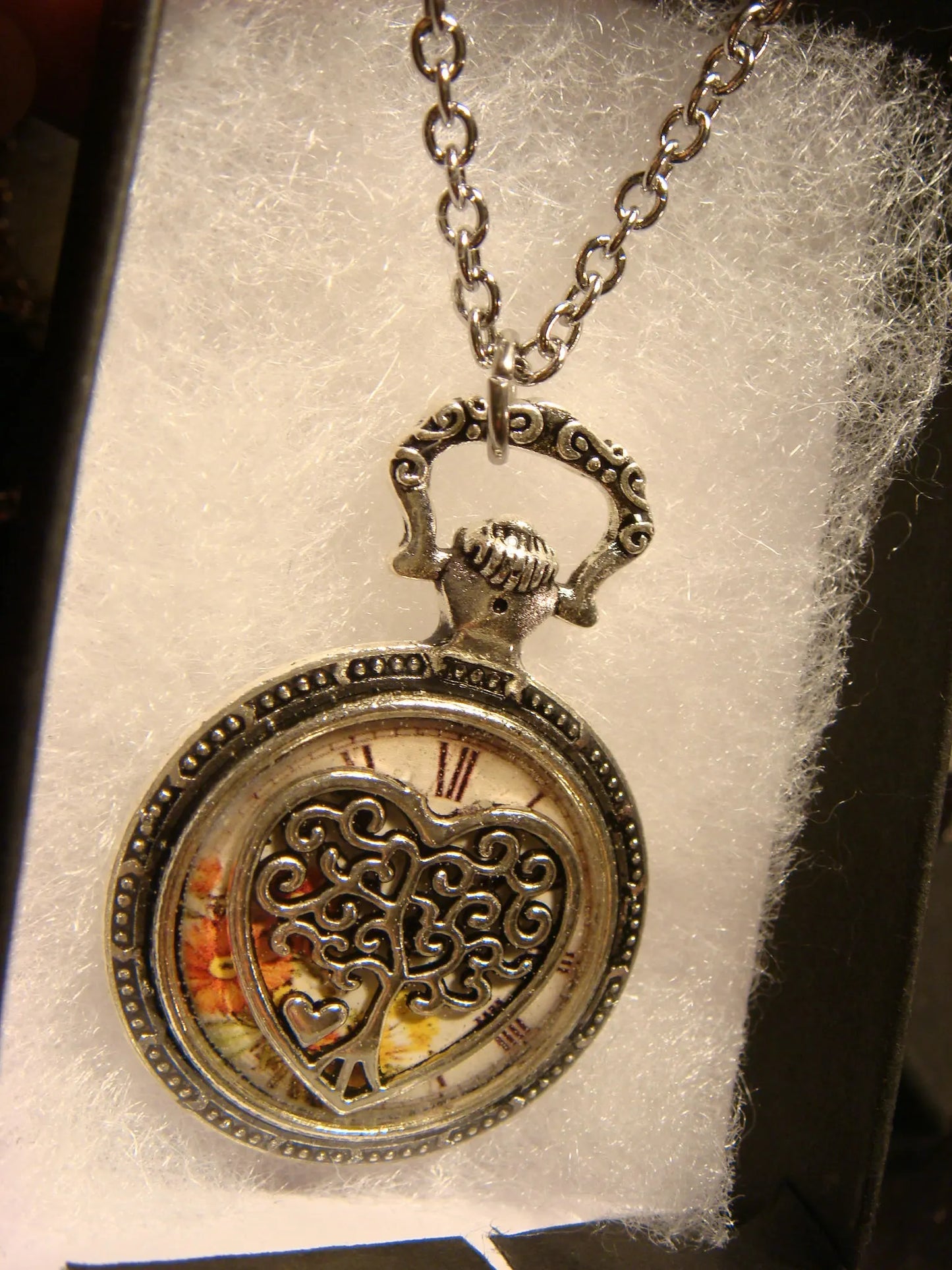 Tree of Life Heart Over Floral Clock Pocket Watch Pendant Necklace in Antique Silver