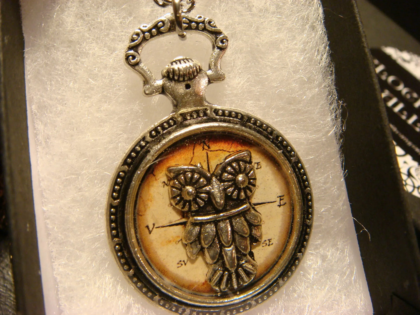 Owl over Compass Pocket Watch Pendant Necklace