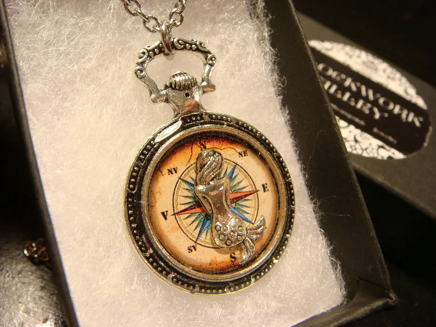 Mermaid over Compass Rose Pocket Watch Pendant Necklace