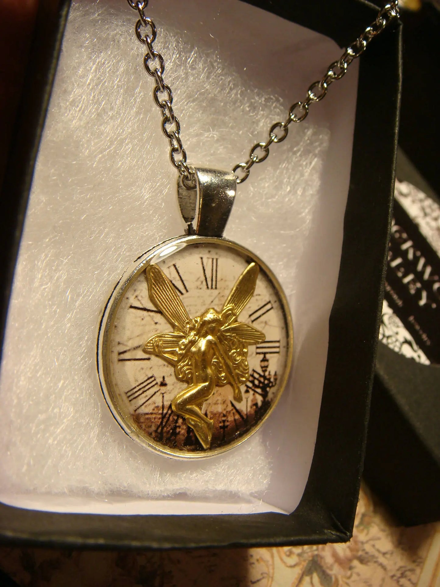 Fairy over Victorian Clock Pendant Necklace