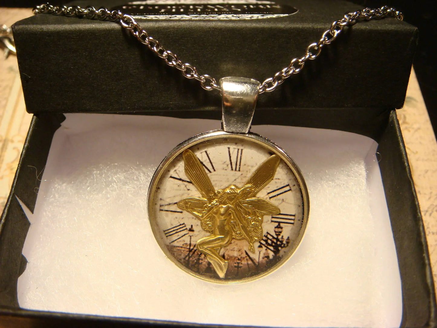 Fairy over Victorian Clock Pendant Necklace
