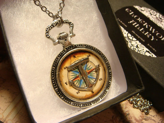 Anchor over Compass Rose Pocket Watch Pendant Necklace