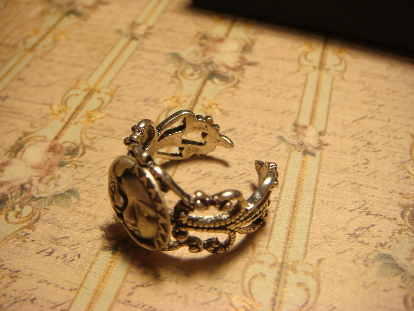 Sun and Moon Filigree Ring in Antique Silver - Adjustable