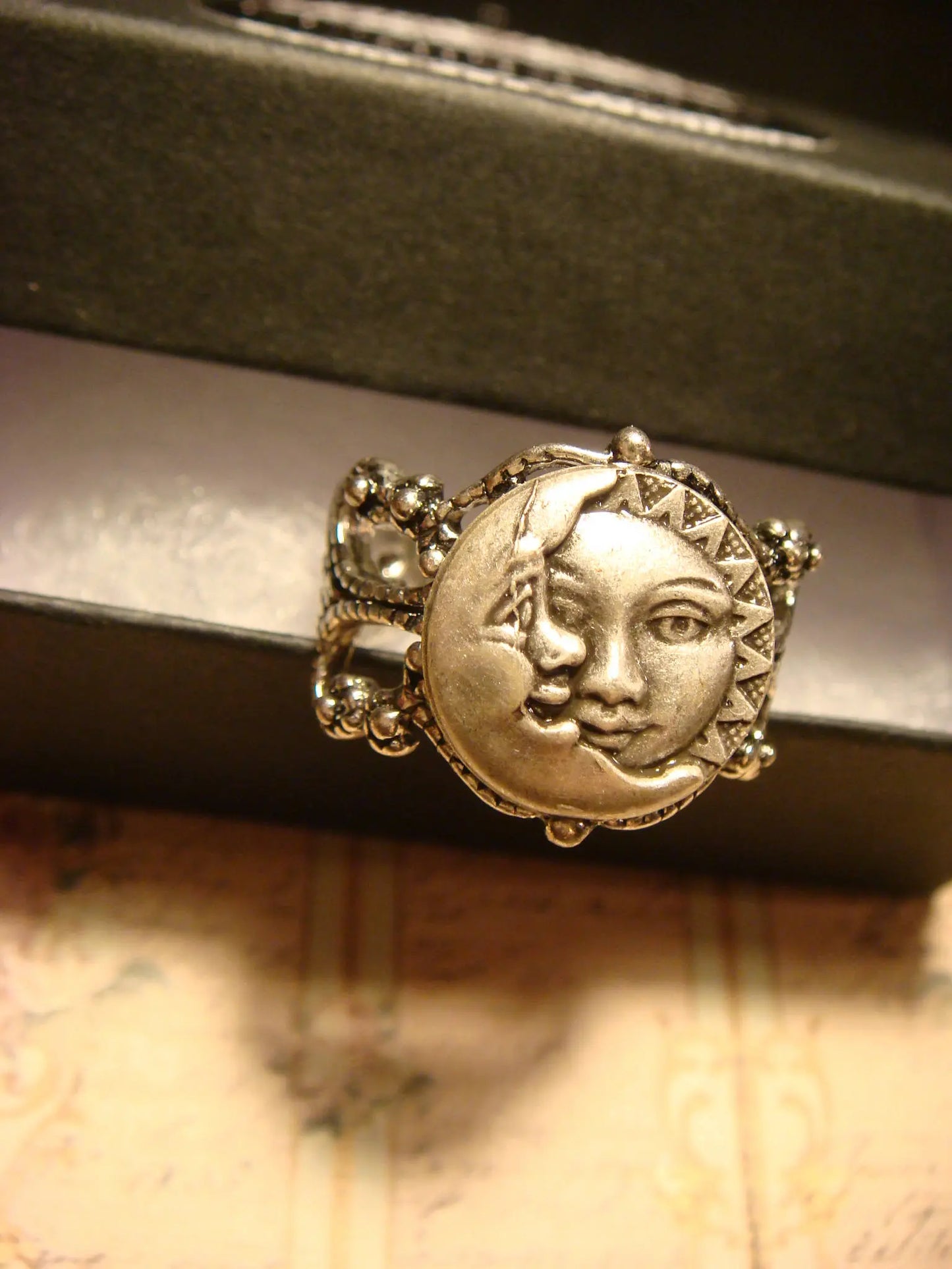 Sun and Moon Filigree Ring in Antique Silver - Adjustable