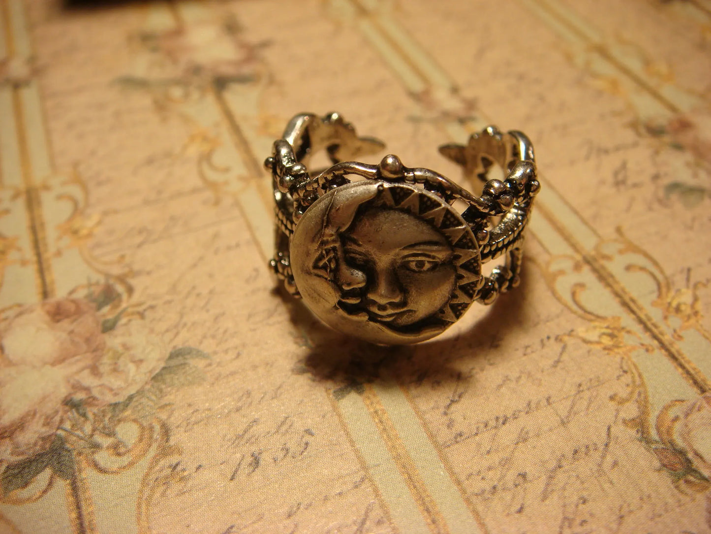 Sun and Moon Filigree Ring in Antique Silver - Adjustable