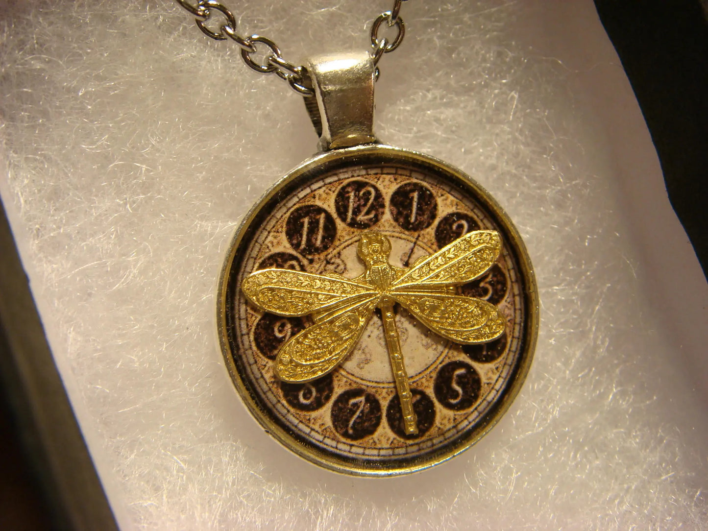 Dragonfly over Clock Small Pendant Necklace in Antique Silver