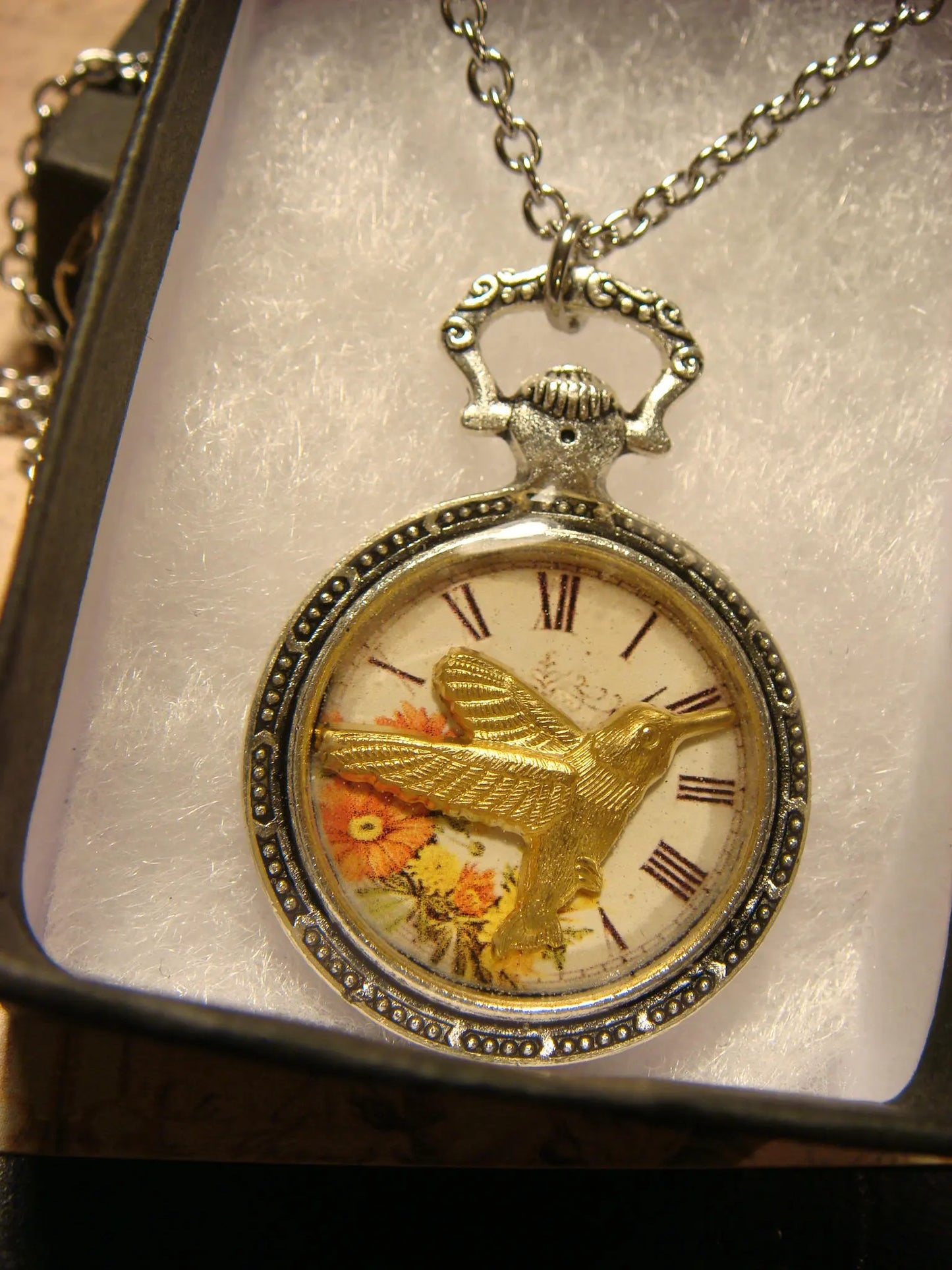 Hummingbird over Floral Clock Pocket Watch Style Pendant Necklace