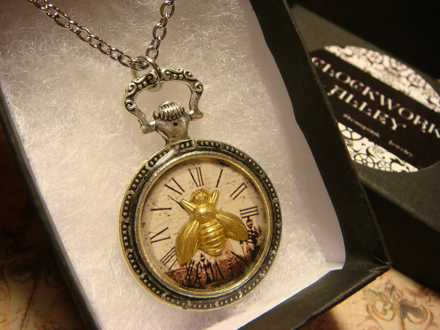 Bee over Victorian Clock Pocket Watch Pendant Necklace