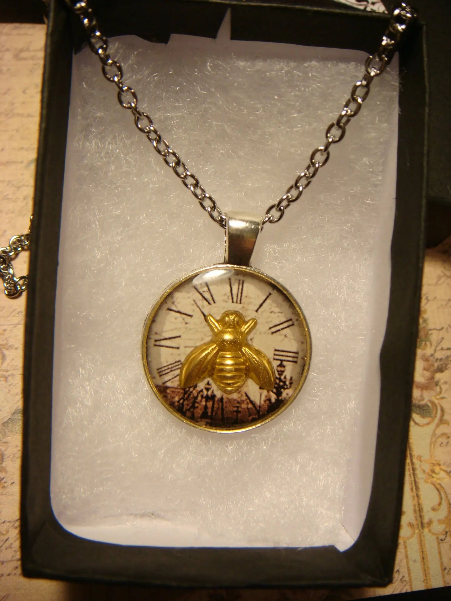 Bee over Victorian Clock Small Pendant Necklace