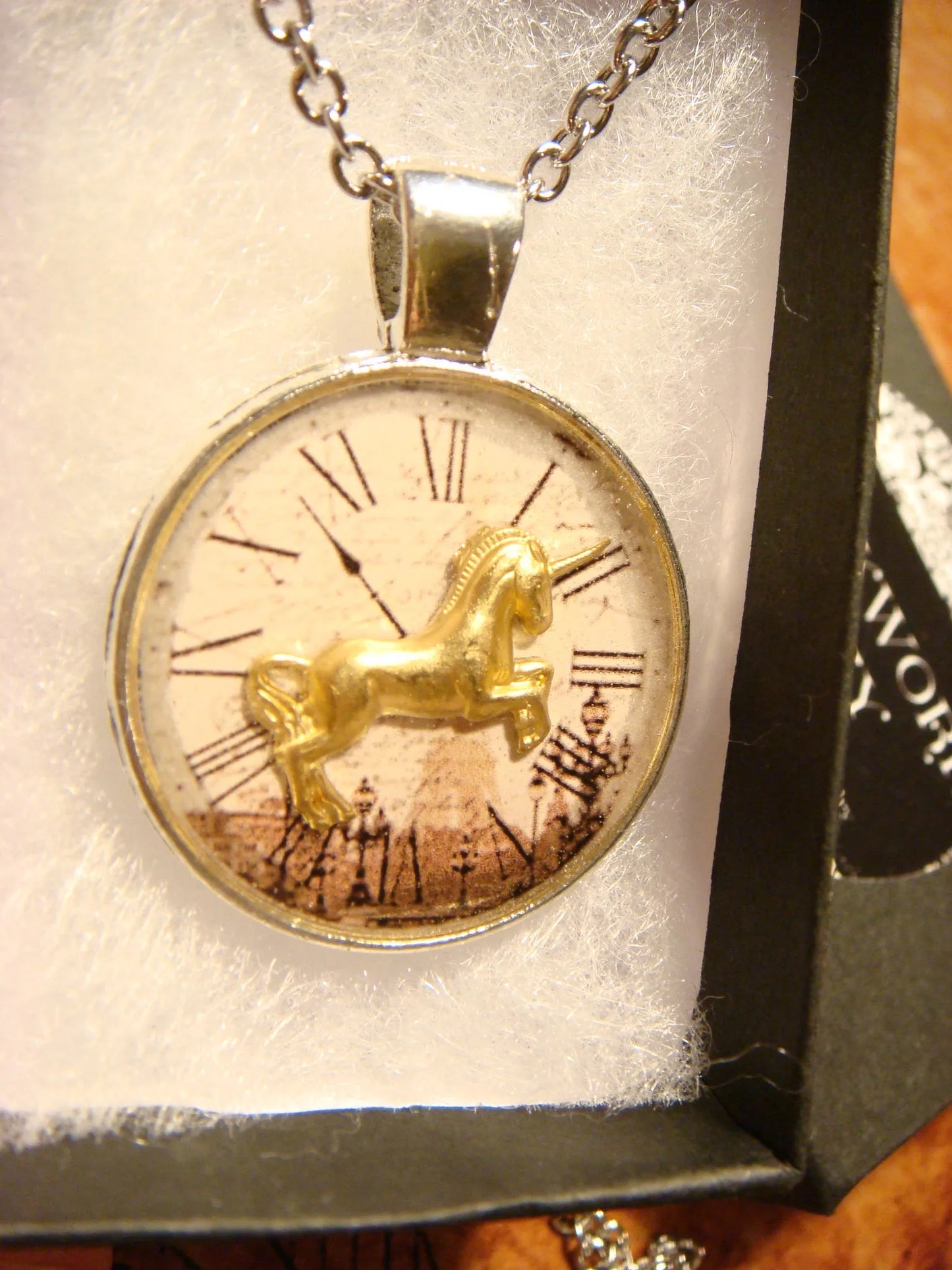 Unicorn over Victorian Clock Pendant Necklace