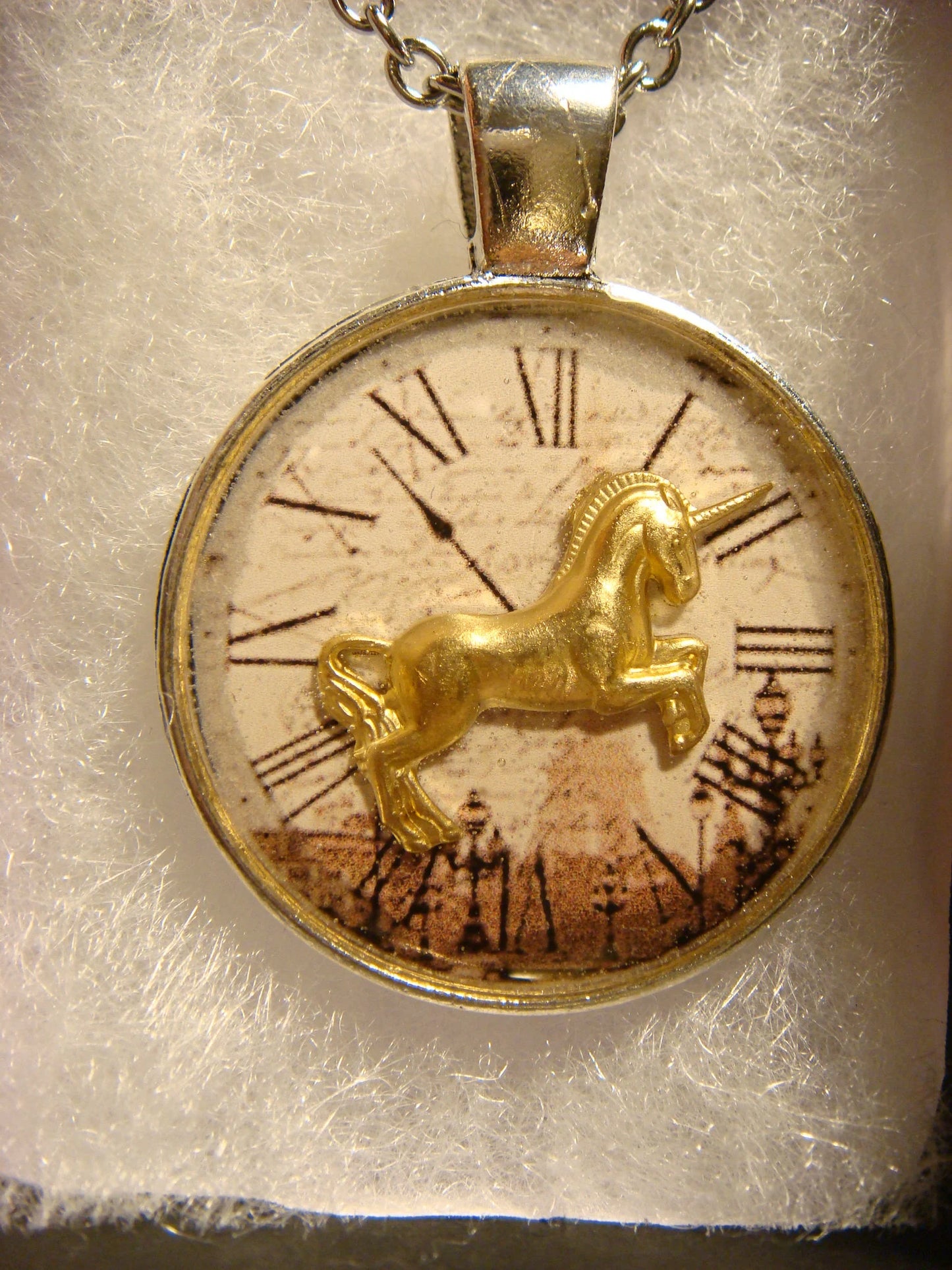Unicorn over Victorian Clock Pendant Necklace