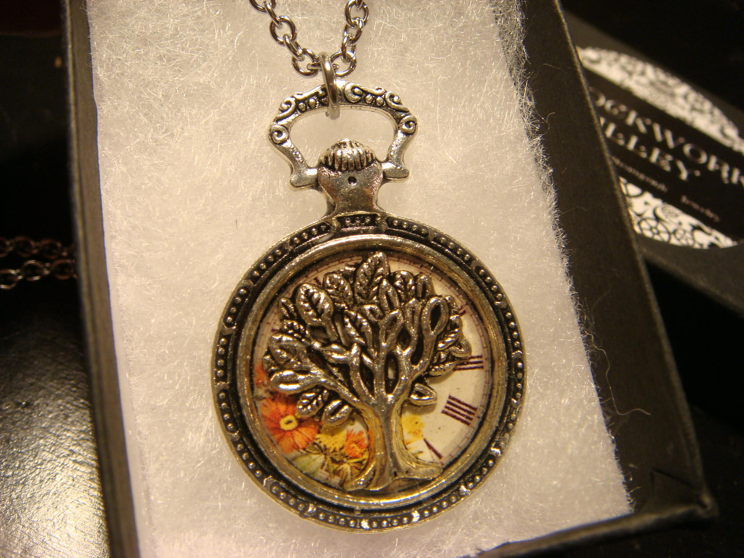 Tree of Life over Floral Clock Pocket Watch Pendant Necklace