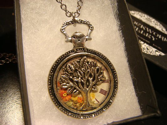 Tree of Life over Floral Clock Pocket Watch Pendant Necklace