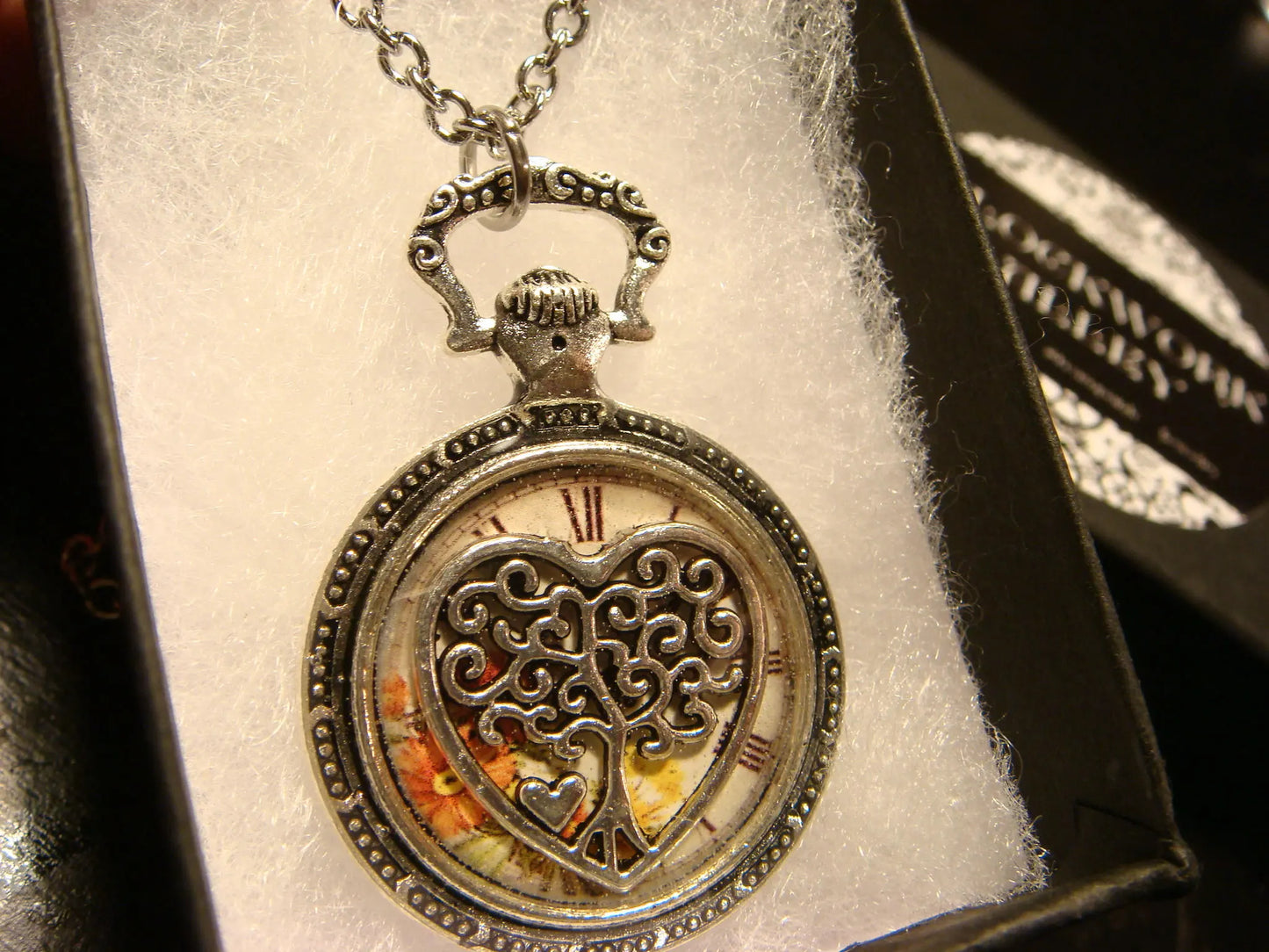 Tree of Life Heart Over Floral Clock Pocket Watch Pendant Necklace in Antique Silver