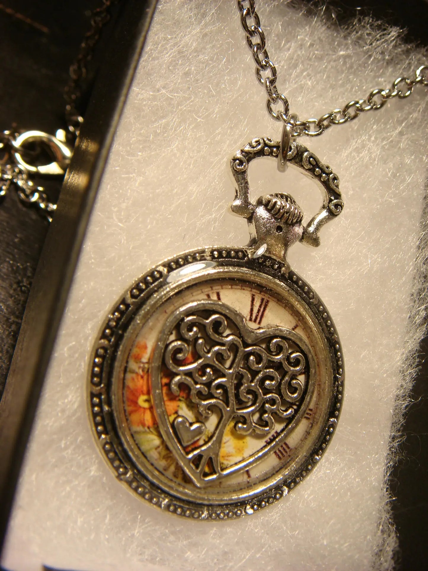 Tree of Life Heart Over Floral Clock Pocket Watch Pendant Necklace in Antique Silver