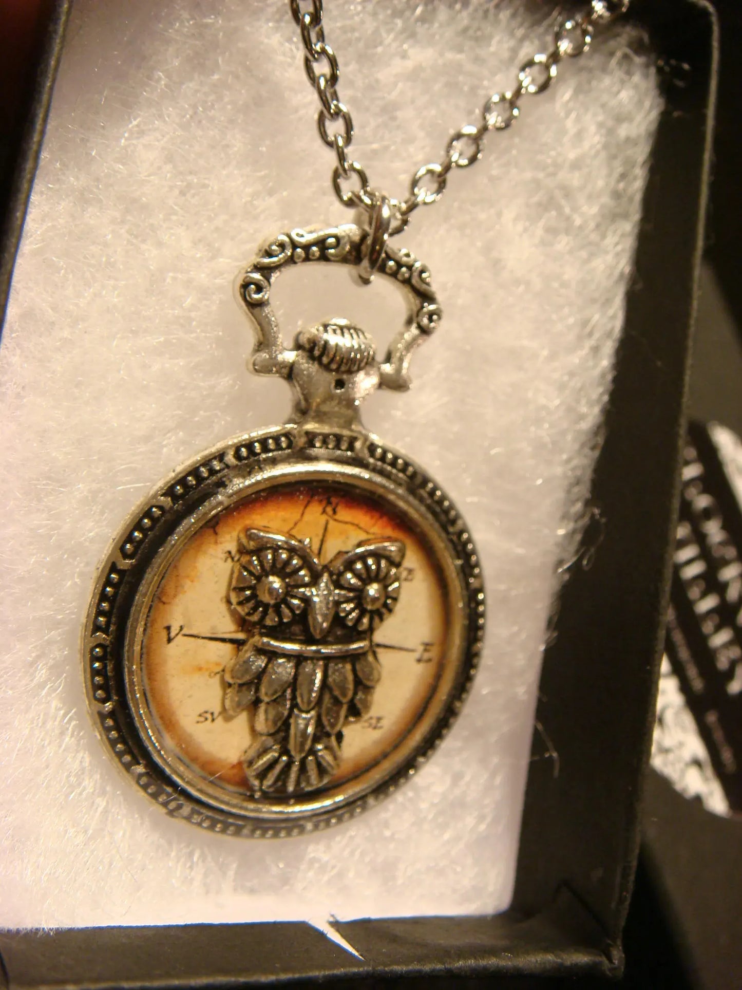 Owl over Compass Pocket Watch Pendant Necklace