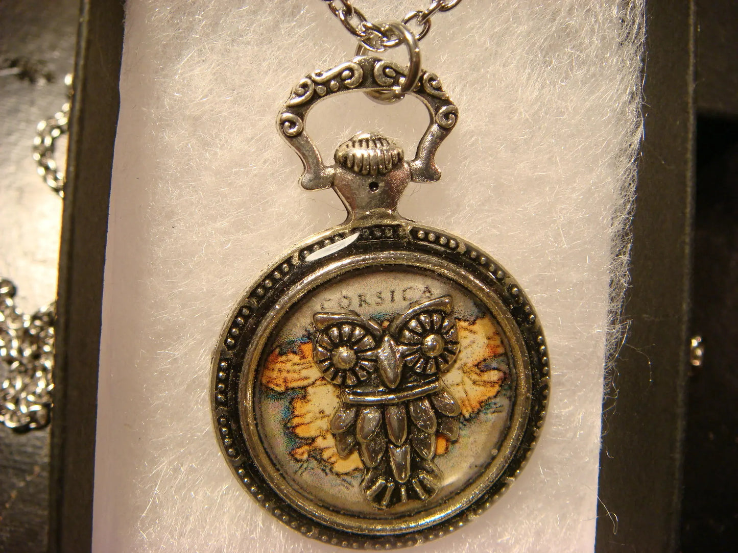 Owl over Vintage Map Pocket Watch Pendant Necklace