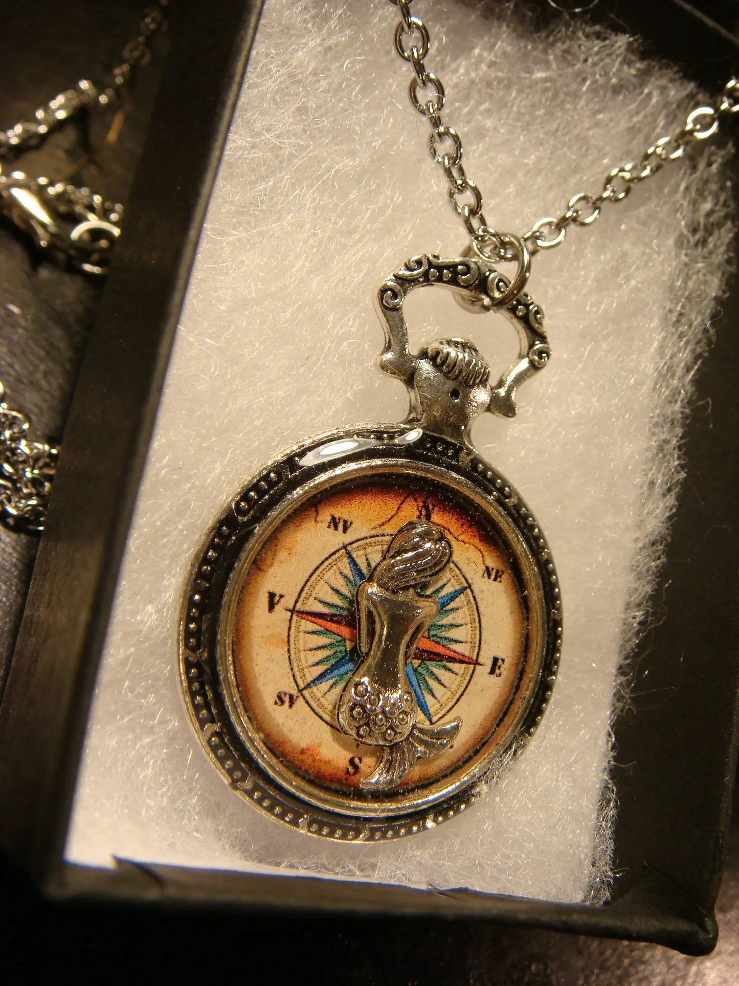 Mermaid over Compass Rose Pocket Watch Pendant Necklace