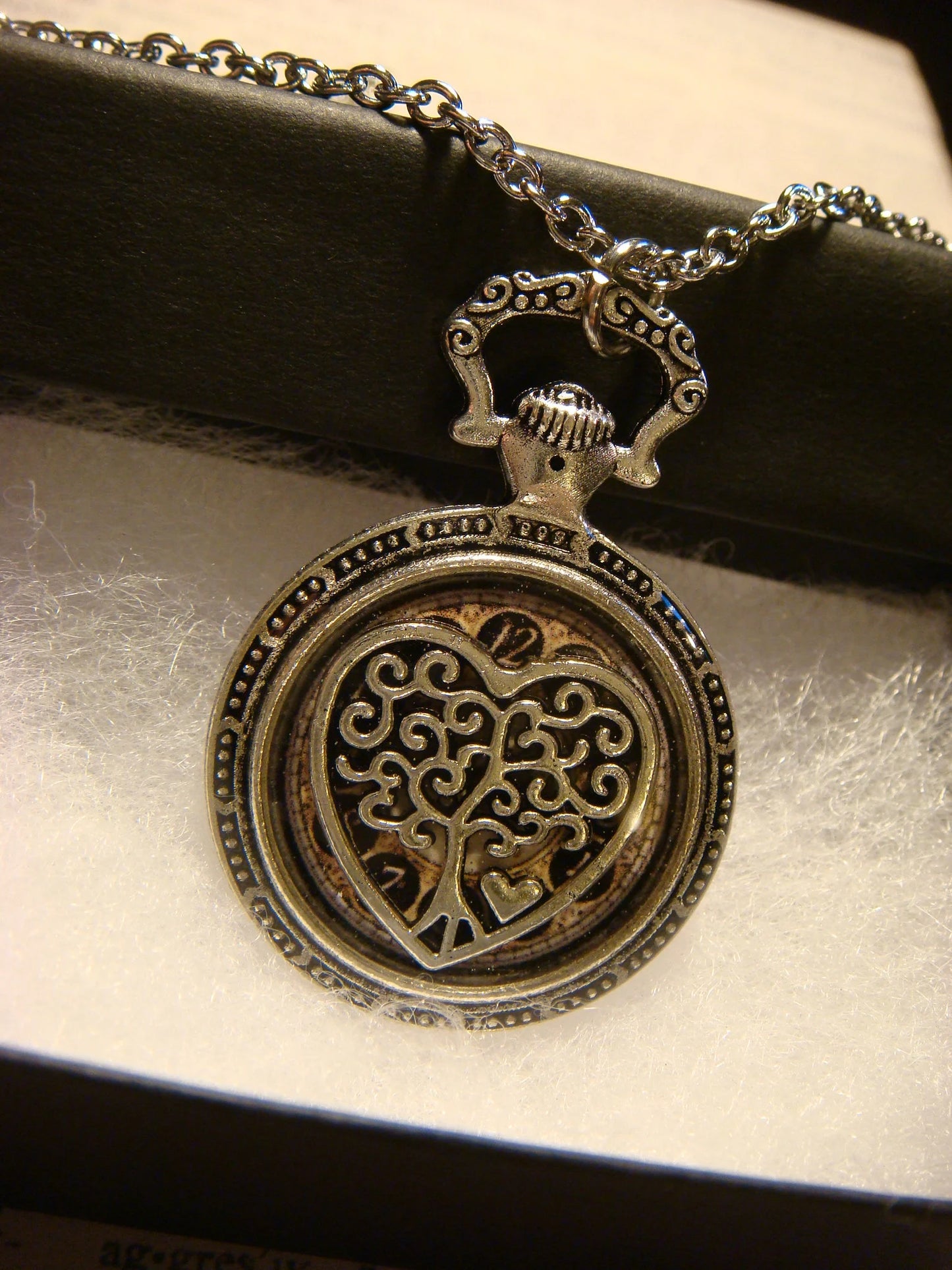 Tree Heart over Clock Pocket Watch Pendant Necklace