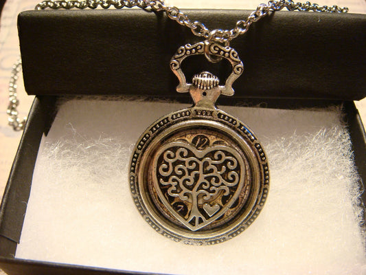 Tree Heart over Clock Pocket Watch Pendant Necklace